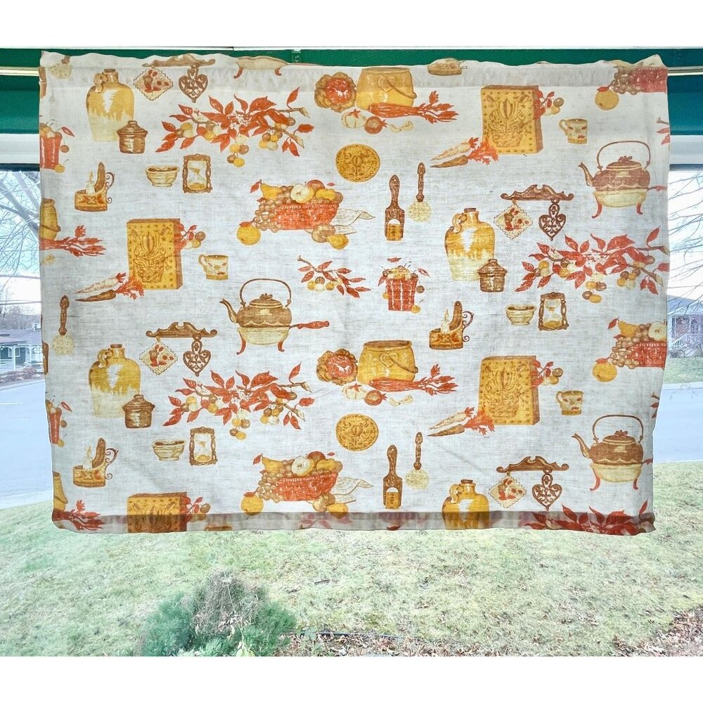 Vintage 1970s curtain, brown orange kitchen appliances pattern, rod header panel